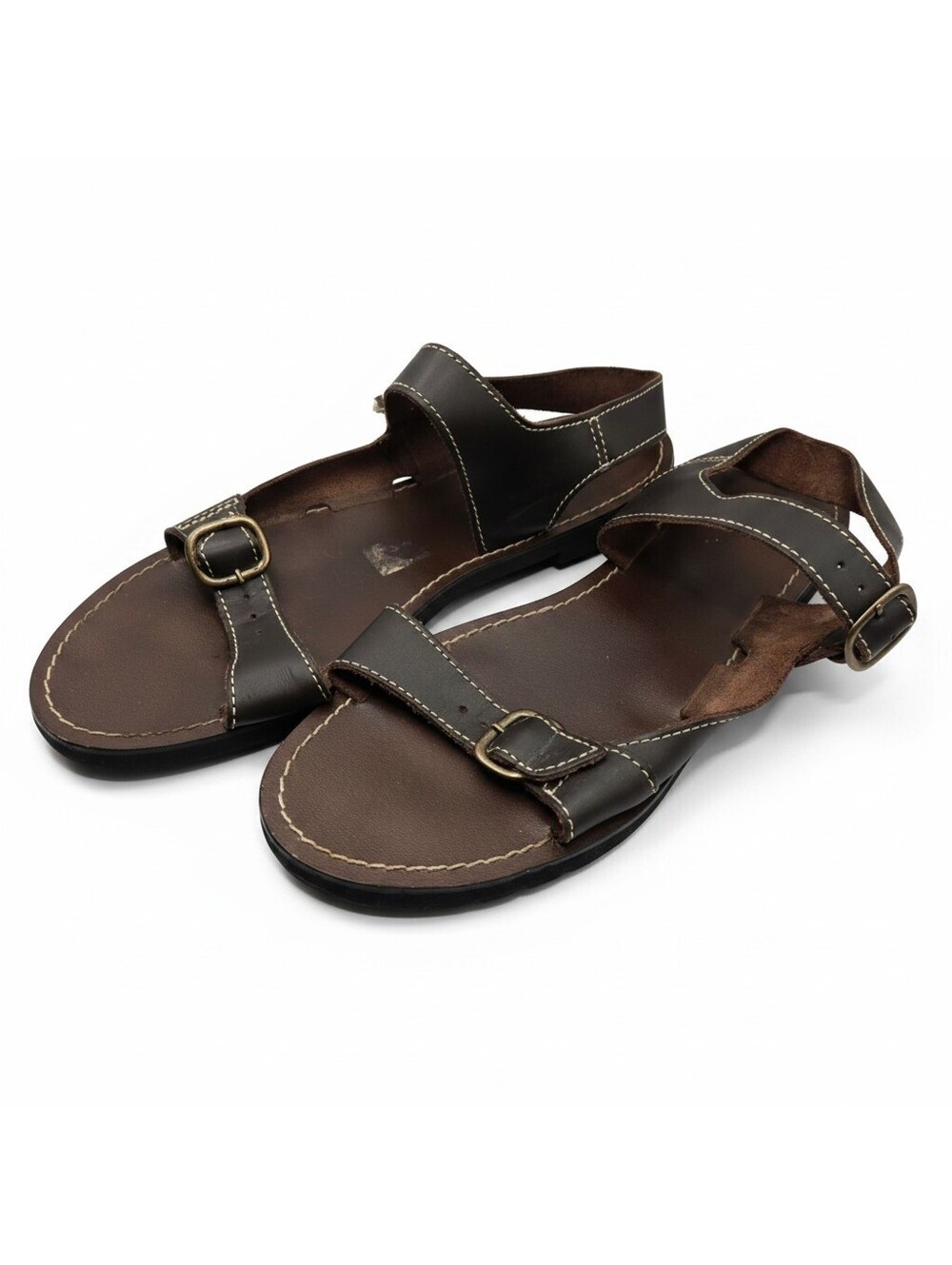 Womens Brown Leather Sandals Two Strap Buckle Greek Roman Style Shoes Sz 10